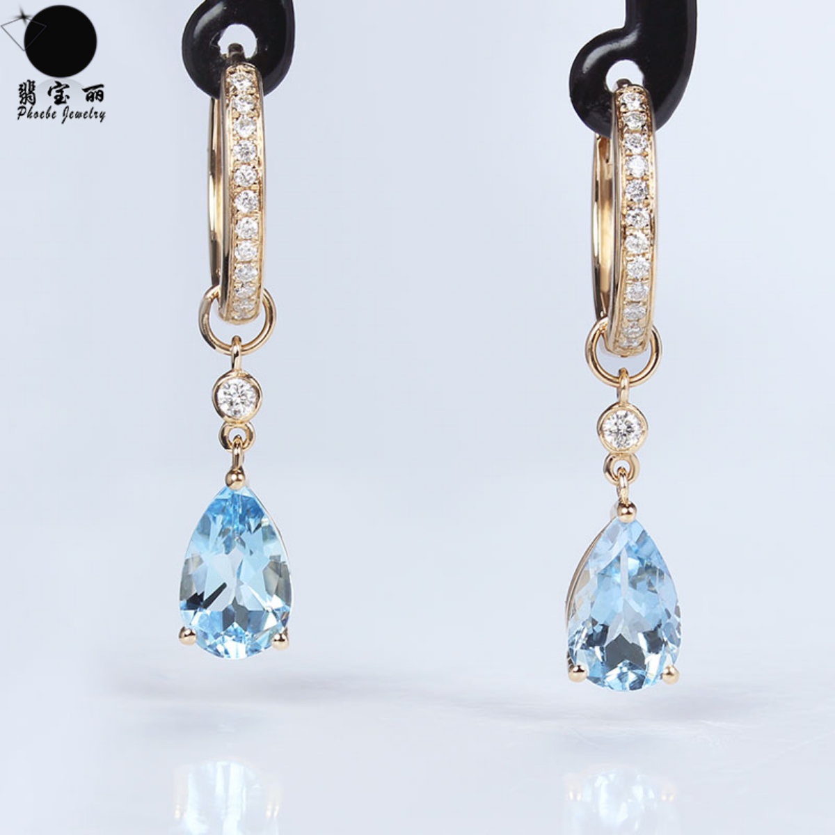 18k金天然海藍寶摩根水滴耳墜