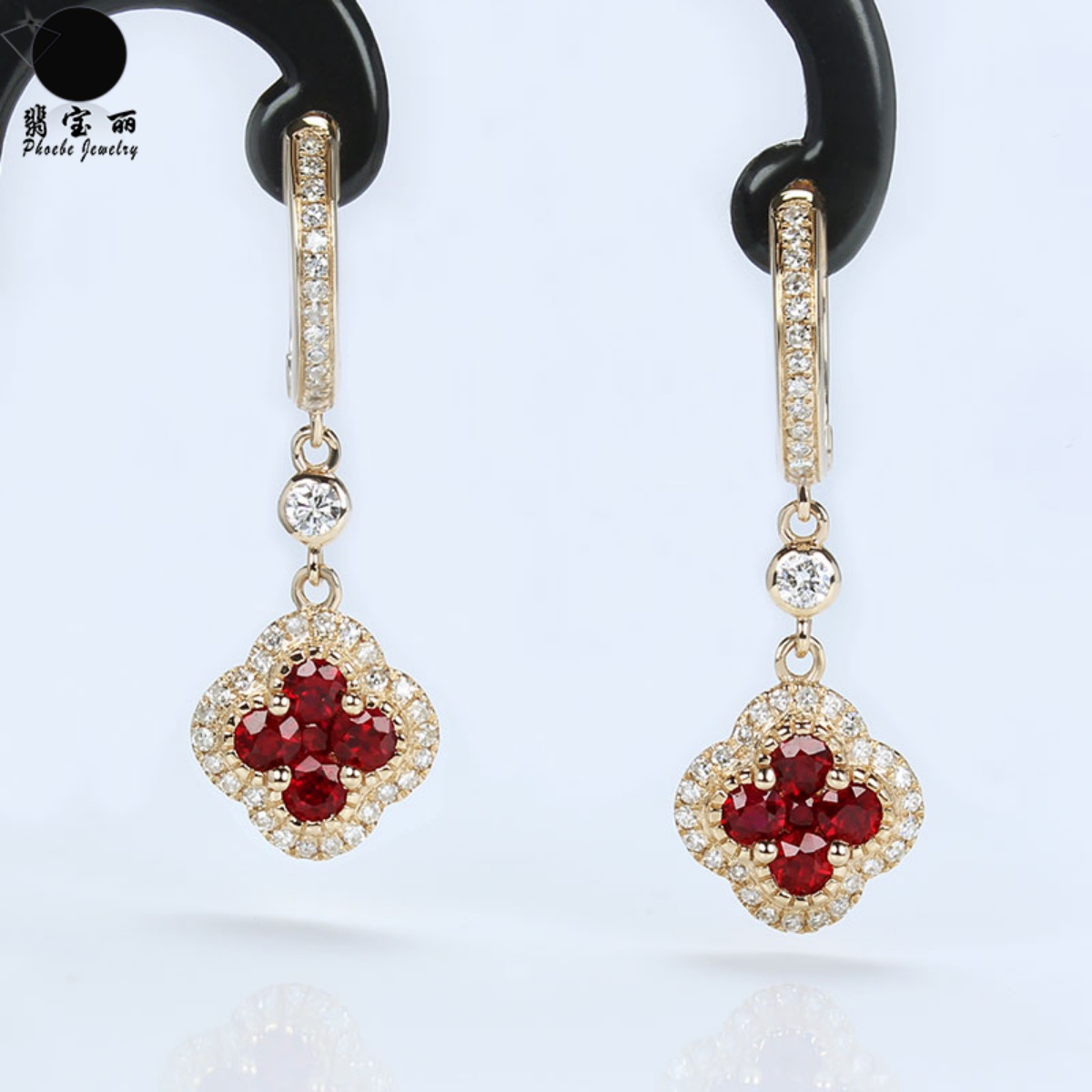 18K天然鴿血紅紅寶石四葉草耳墜