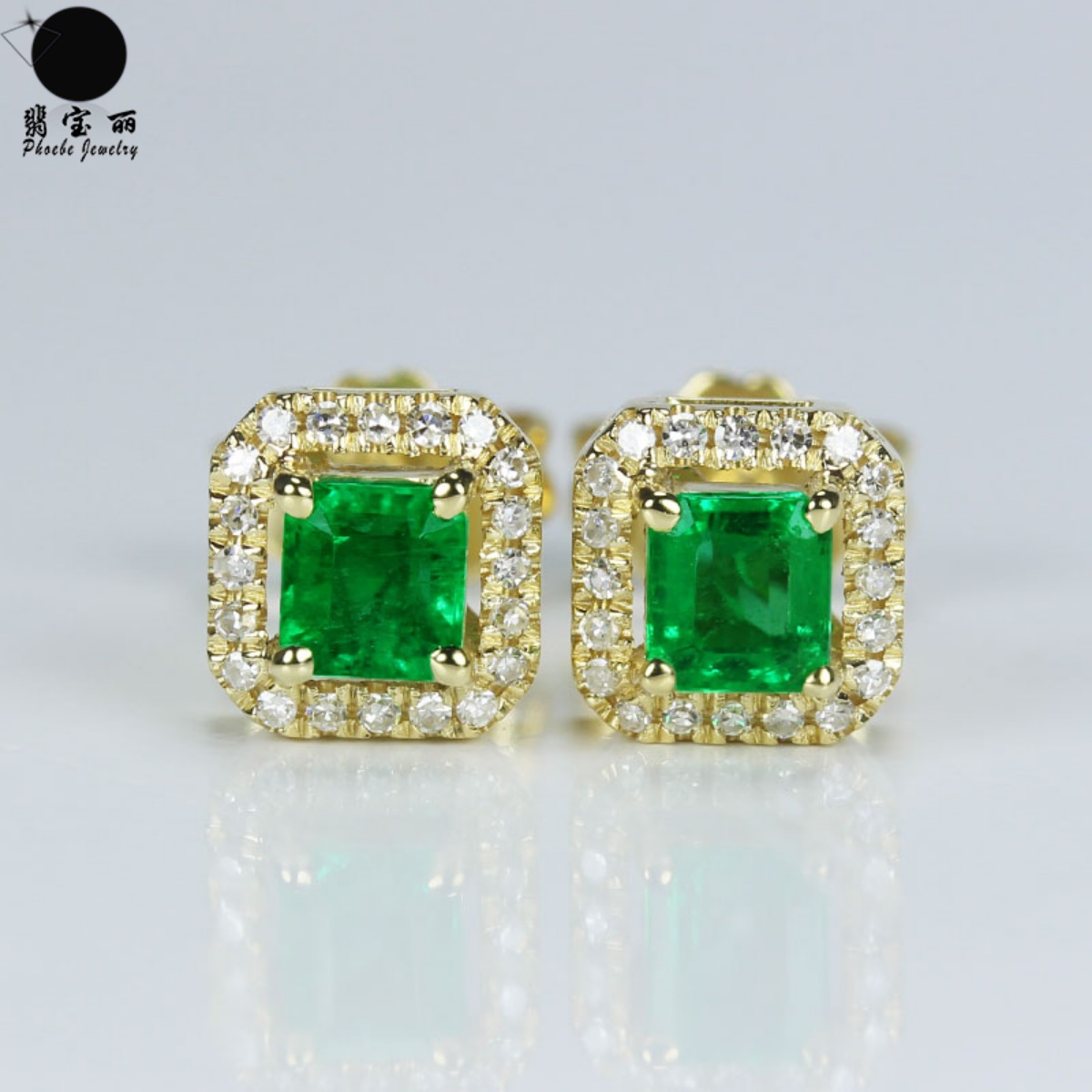 18k黃金鉆石天然祖母綠方形耳釘