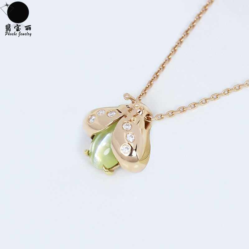 18k玫瑰金天然金绿猫眼萤火虫吊坠 宝石钻石项链女小孩珠宝