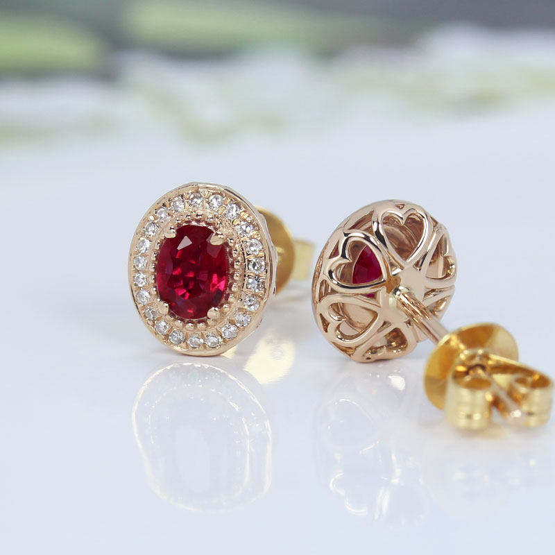 18K玫瑰金天然红宝石蕾丝耳钉 明艳正玫红色满镶钻石耳环正品女款