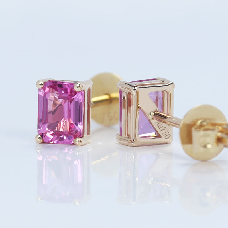 18K玫瑰金天然樱花粉长方形蓝宝石耳钉 亮粉色彩宝黄金耳环女正品