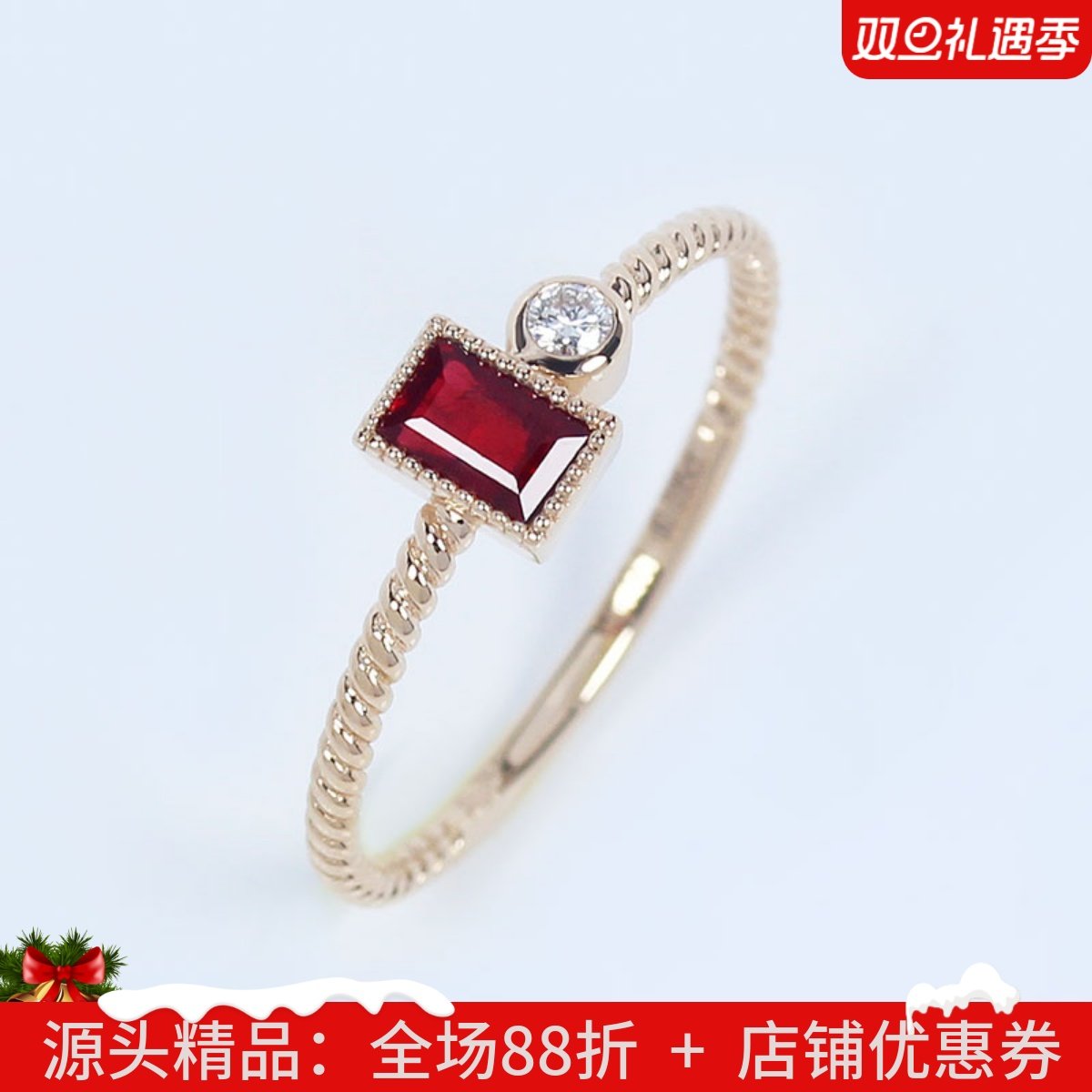 18K玫瑰金天然鸽血红宝石钻石麻花复古小戒指 彩金手饰尾戒排戒女