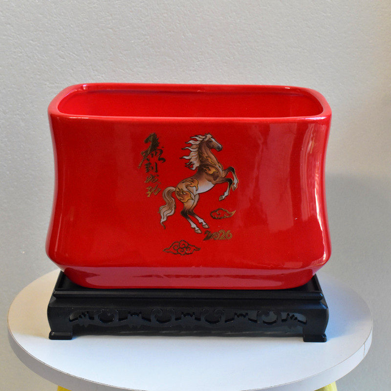 2026年新款生肖马盆红色喜庆陶瓷花盆简约家居摆设桌面年宵花花盆