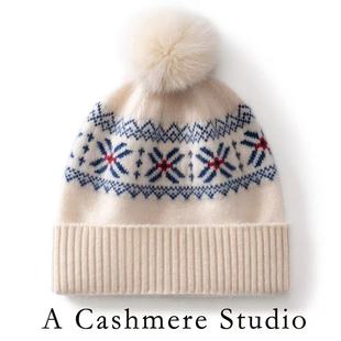 费尔岛风~100%纯山羊绒提花毛球帽女秋冬复古保暖护耳针织防寒帽