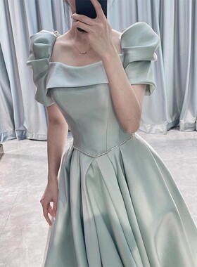 一字肩晚礼服女高级感绿色长袖艺考学生日成人礼毕业艺考演出服