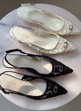StarKeLa2026一字扣后空绊带蕾丝网纱尖头浅口中跟包头凉鞋女单鞋