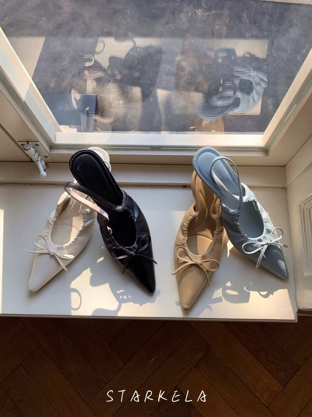 StarKeLa法式蝴蝶结尖头后空中跟松紧细带单鞋女褶皱浅口包脚凉鞋