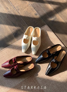 StarKeLa小方头包头半拖女2026春镂空中口皱纹软皮低跟时尚凉拖鞋