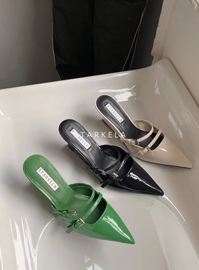 starkela春新款亮面显白三角异形细带高跟尖头浅口包脚半拖女单鞋