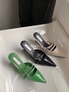 starkela春新款亮面显白三角异形细带高跟尖头浅口包脚半拖女单鞋