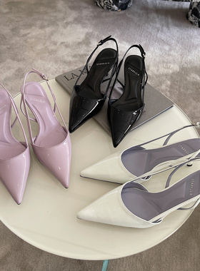 starkela春秋工作单鞋亮面紫色高跟浅口尖头后空一字扣带凉鞋女士