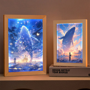 led星空鲸鱼灯光画蓝鲸装饰画发光电子挂画小夜灯天空二次元灯画