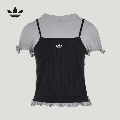 adidas阿迪达斯三叶草花边下摆泡泡袖半袖2026春女短袖T恤 KY3299