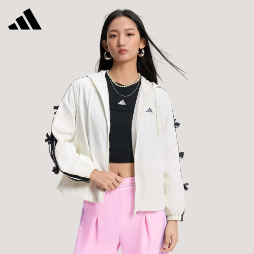 adidas阿迪达斯三条纹舞动系列拒水连帽外套春女梭织夹克 KR7602