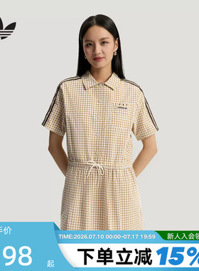adidas阿迪达斯三叶草格子呢长裙2026夏女拉绳收腰连衣裙 KU9401