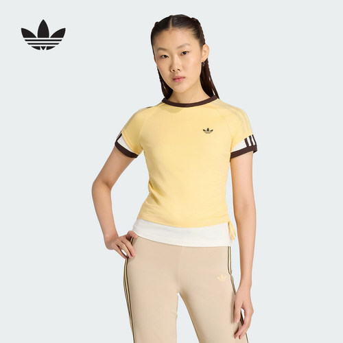 adidas阿迪达斯三叶草双层运动修身半截袖女三条纹短袖T恤 KW4526