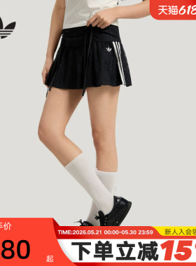 adidas阿迪达斯三叶草短裙夏女结缎带蕾丝蝴蝶结百褶半身裙KU4761
