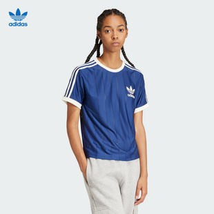 女夏撞色三条纹圆领复古蓝白T恤IR7466 Adidas阿迪达斯三叶草短袖