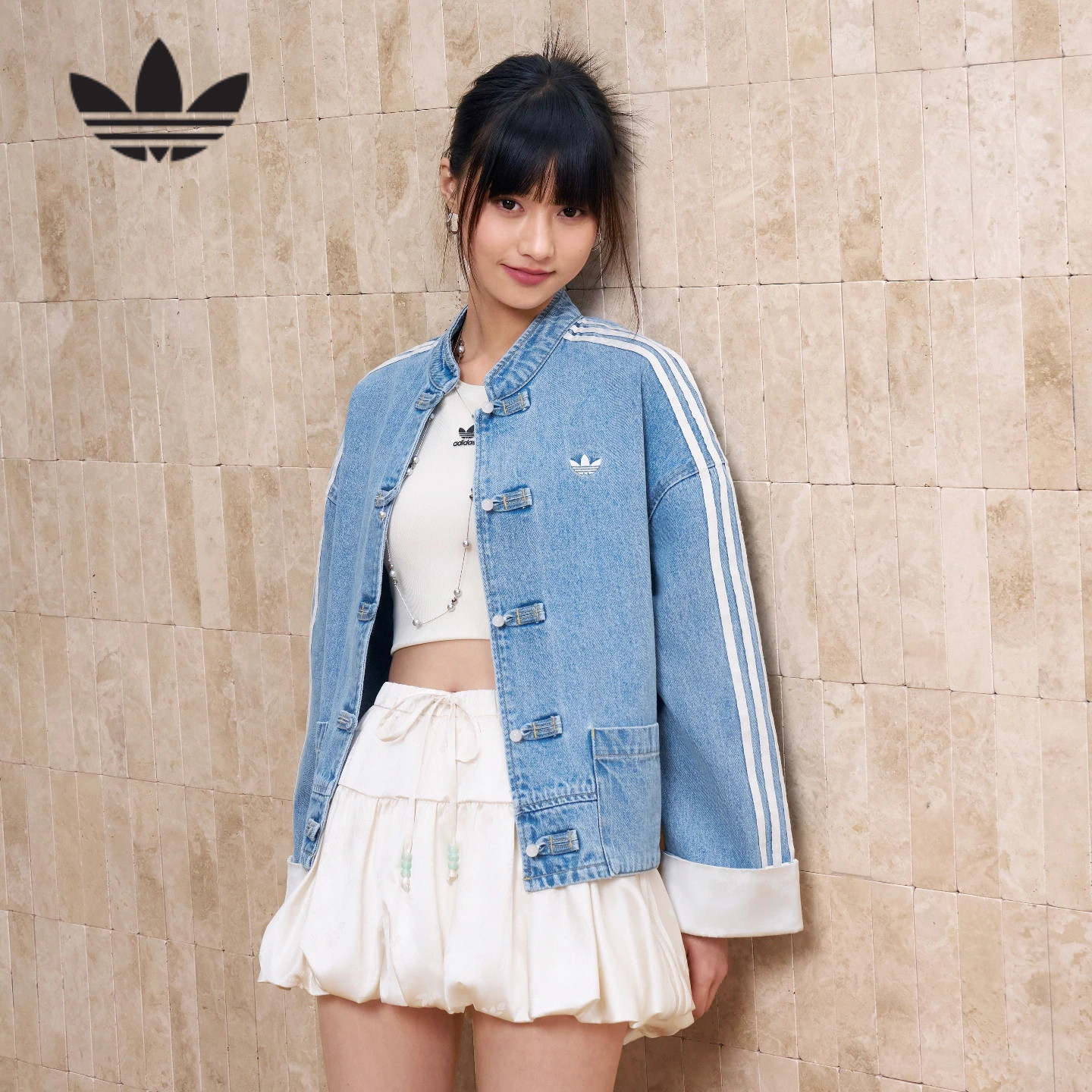 adidas阿迪达斯三叶草外套2026夏女新中式棉质牛仔运动夹克KY5743