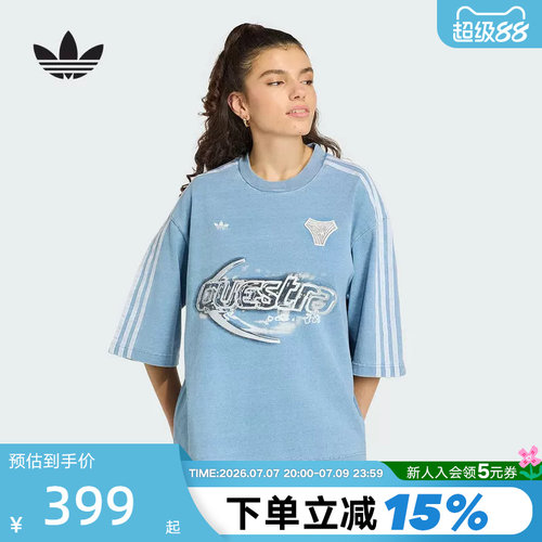 adidas阿迪达斯三叶草棉质牛仔布大号半袖丝印图案短袖T恤 KZ5011