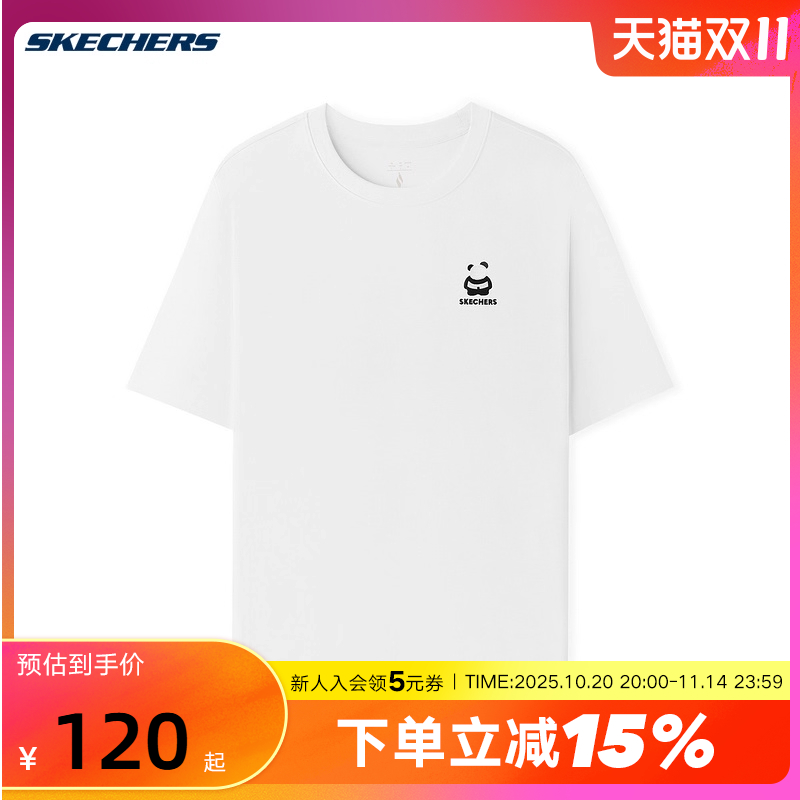 Skechers斯凯奇25夏男女情侣款熊猫印花休闲针织短袖T恤 L325U100
