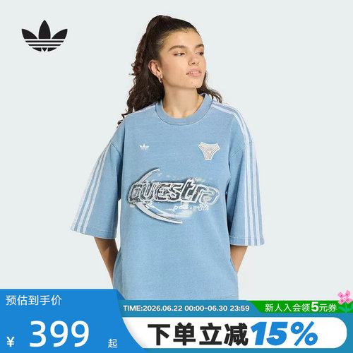 adidas阿迪达斯三叶草棉质牛仔布大号半袖丝印图案短袖T恤 KZ5011