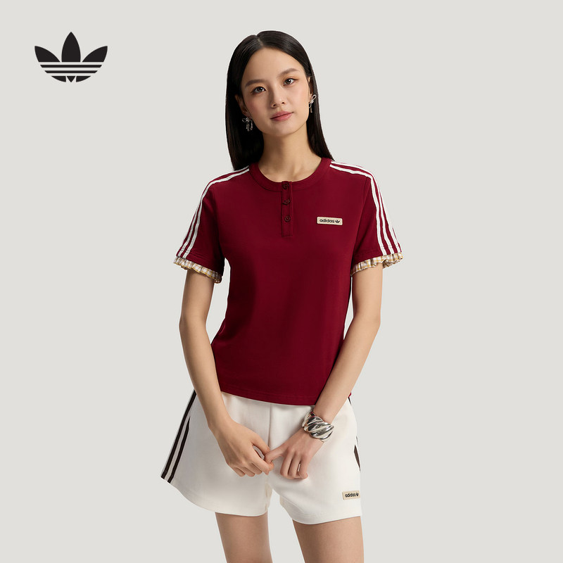 adidas阿迪达斯三叶草格子呢短袖polo衫夏女修身半袖T恤 KU9393
