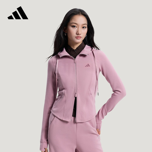 adidas阿迪达斯短款修身连帽健身外套2026春女针织运动夹克KH2700
