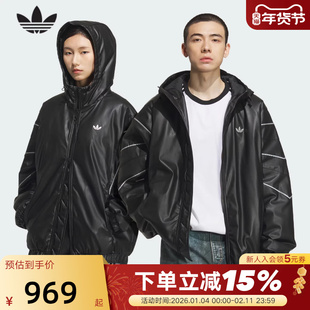 adidas阿迪达斯三叶草PU连帽棉服秋冬OVERSIZED保暖夹克 KC2653