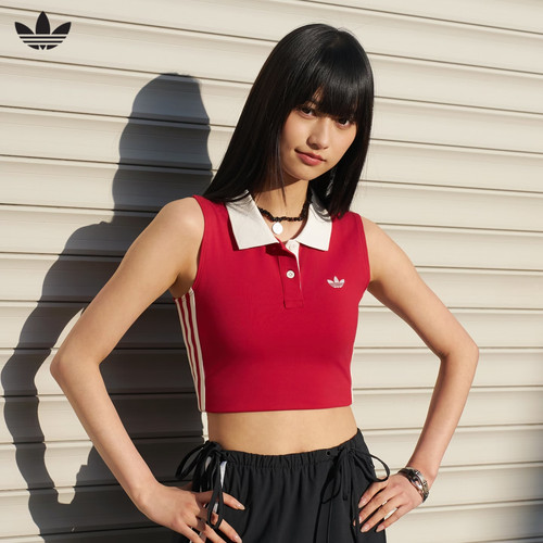 adidas阿迪达斯三叶草无袖POLO领背心女子针织短款BABY T恤KY5695