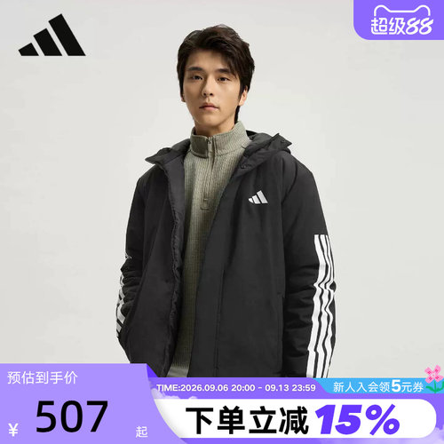 阿迪达斯短款连帽棉服男三条纹拒水防风CLIMAWARM保暖夹克JY8303