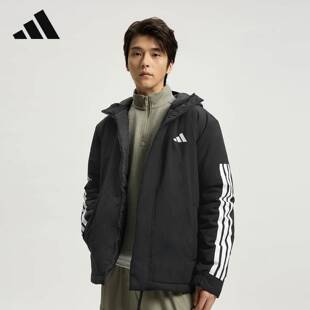 阿迪达斯短款连帽棉服男三条纹拒水防风CLIMAWARM保暖夹克JY8303