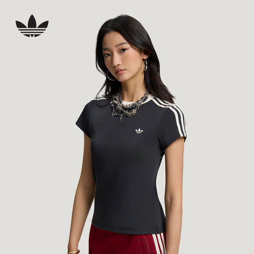 adidas阿迪达斯三叶草三条纹修身Cali T恤秋女显腰身短袖 KT7789