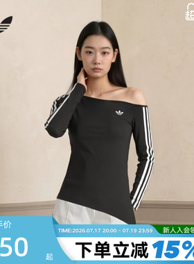 adidas阿迪达斯三叶草露肩不对称上衣秋女紧身运动长袖T恤 LE8310