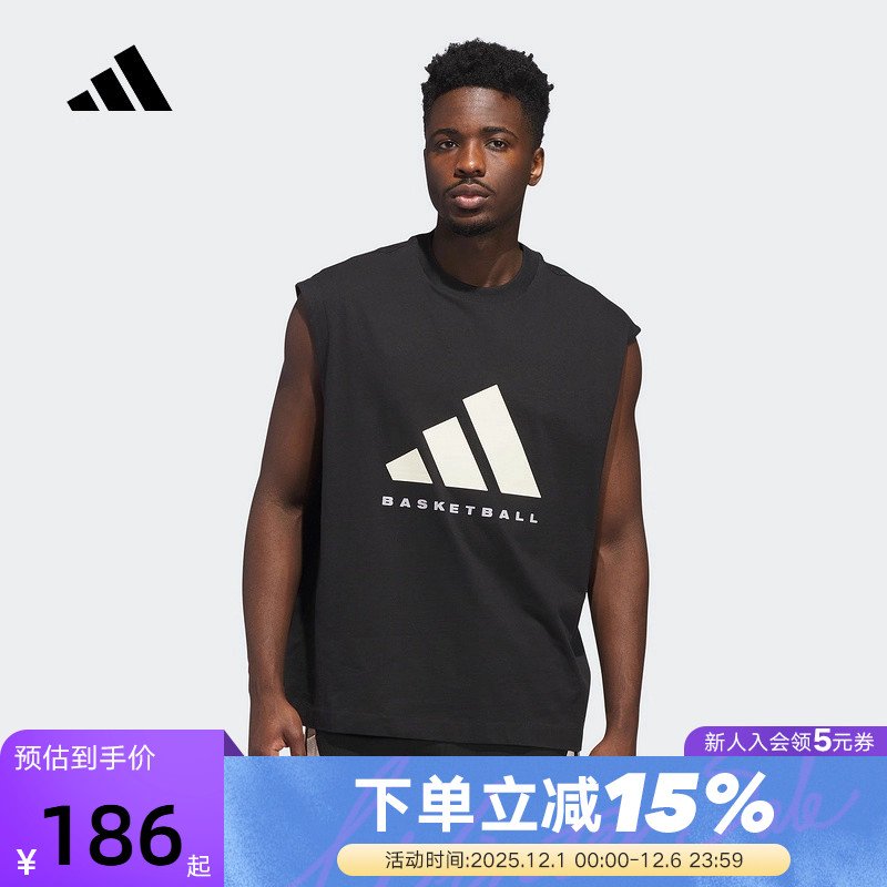 adidas阿迪达斯黑色宽松透气篮球无袖T恤2025秋男女款背心 JX5586