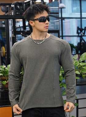 美式秋冬运动长袖男德绒宽松打底衫户外跑步撸铁训练健身纯色t恤