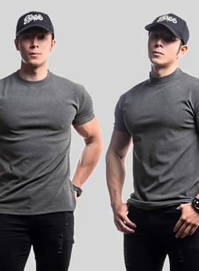 280克双面德绒修身运动短袖T恤男圆领/半高领纯色保暖打底健身衣