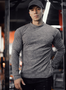 秋冬德绒圆领/半高领运动长袖男士扎染修身高弹保暖T恤健身打底衫