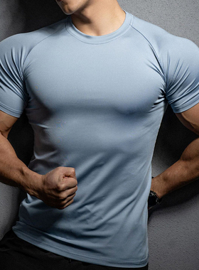 夏季运动短袖纯色弹力速干紧身衣肌肉男T恤圆领跑步训练健身衣服