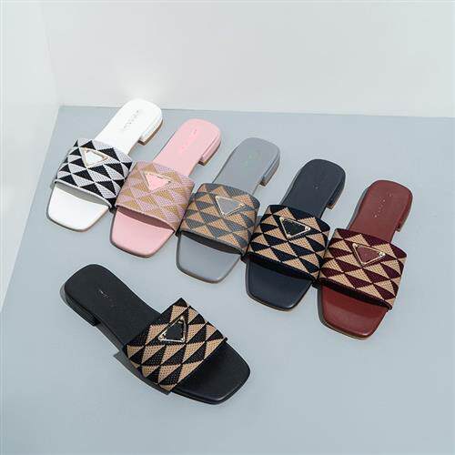 2023欧美刺绣休闲低跟格子拖鞋女Summer Sandals Women Slippers