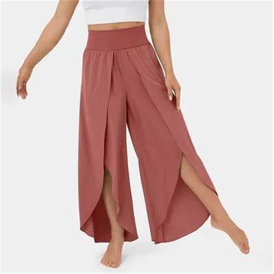 Women Pants Split Wide Leg High Elastic Waistband Yoga Trous