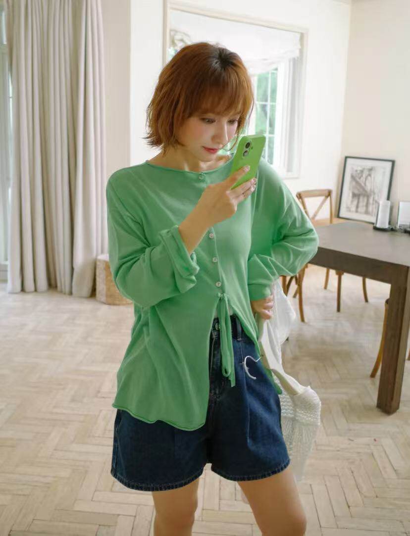 吴昕同款私服夏季新款圆领长袖针织衫女宽松显瘦苹果绿上衣
