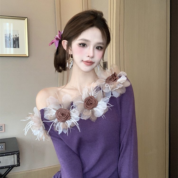 实拍 好质量 斜领露肩长袖针织衫立体花朵装饰修身显瘦针织衫