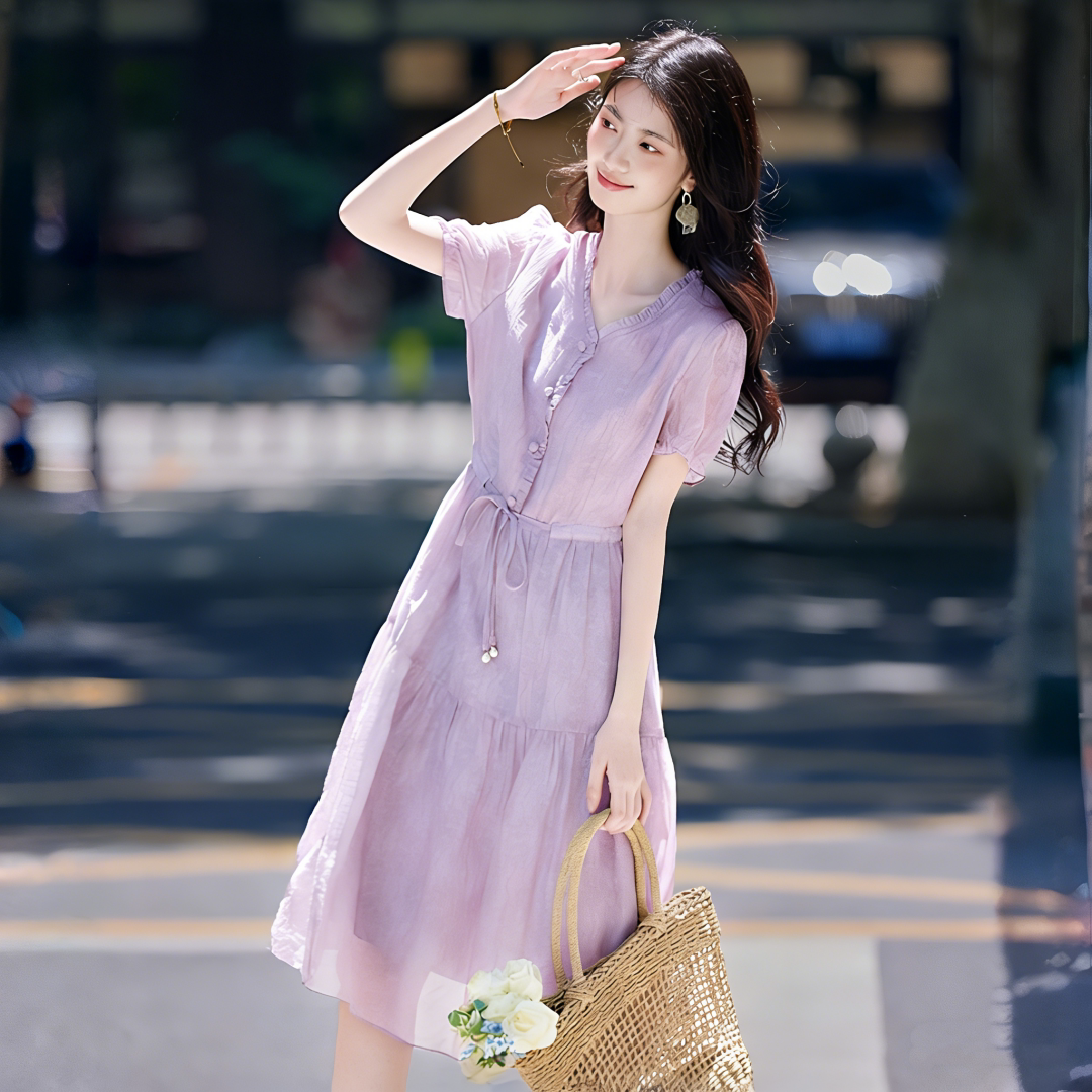 优雅气质珍珠系带褶皱领纯色裙女短袖2026夏季新款紫色V领连衣裙