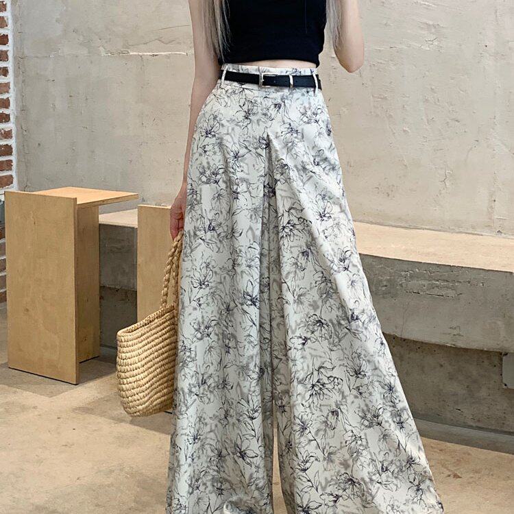 实拍~2026新款韩版碎花阔腿裤设计感高腰显瘦拖地裤女有皮带