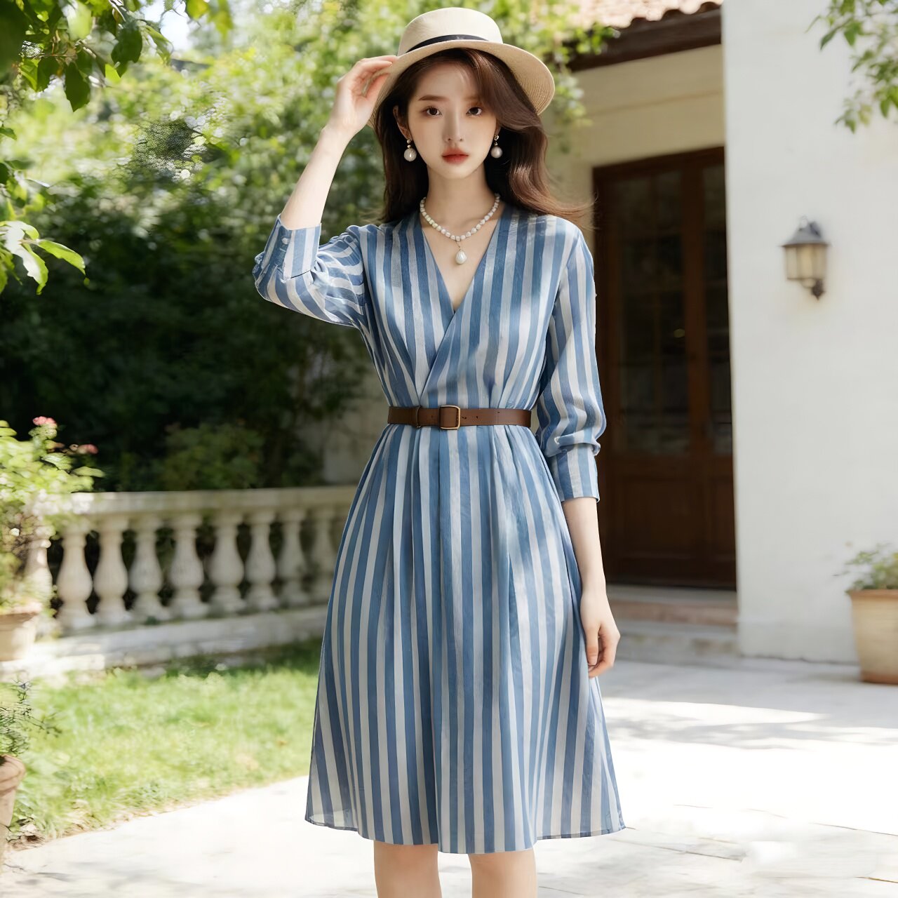 2026早春法式小资蓝色条纹v领连衣裙子女装夏季特别漂亮掐腰长裙