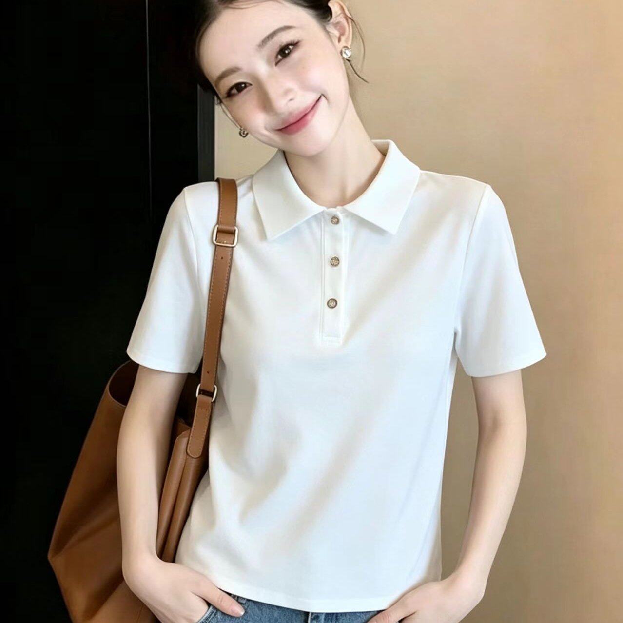 实拍有货 2026夏季新款白色正肩短袖上衣t恤女新款夏日polo领衬衫