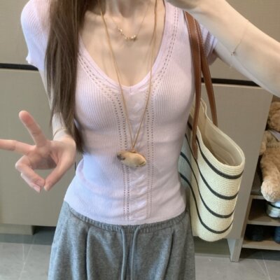 实拍实价 绞花镂空双重交替织法纯欲修身针织短袖T恤