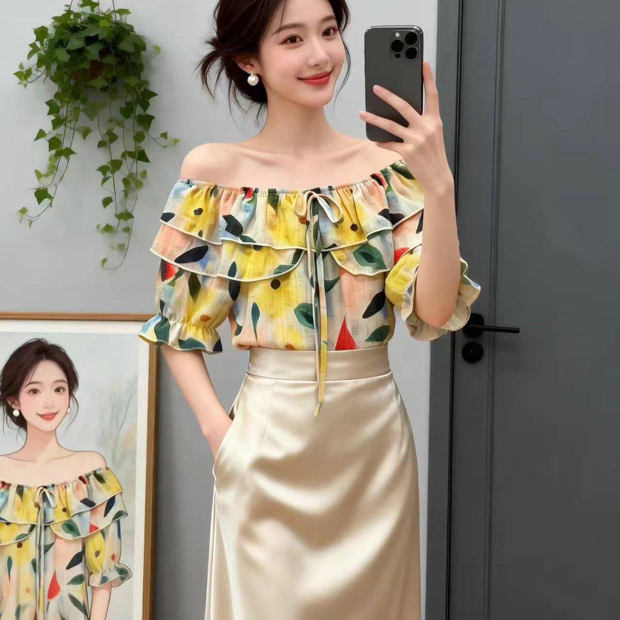 2026夏季新款一字肩荷叶边领花色冰丝雪纺衬衣小衫女甜美减龄上衣